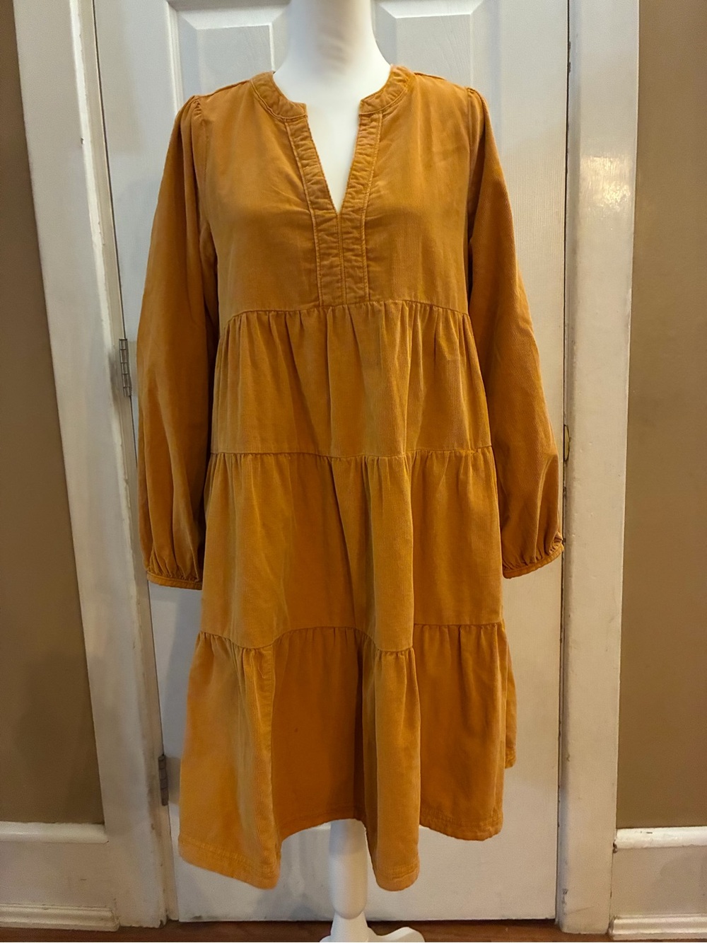 Anthropologie Pilcro Laney Corduroy Tiered Tunic Dress Mustard Boho Size M
